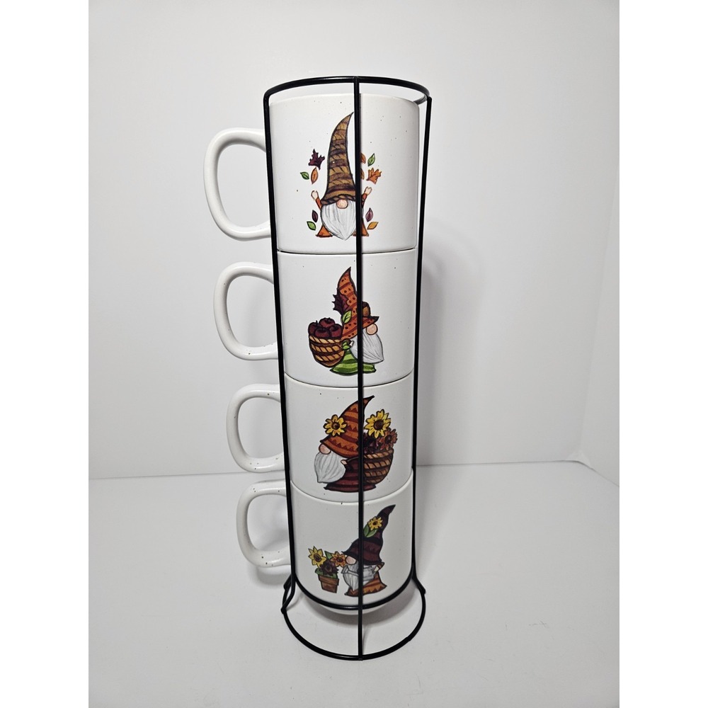 Sheffield Home Fall Gnome Stacking Mugs Set of 4 with Black Metal Rack Autumn